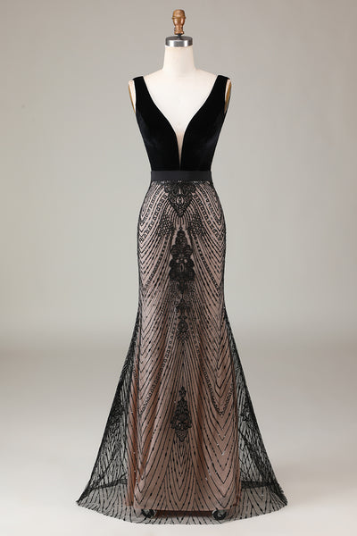 Queendancer Women Sparkly Black Long Prom Dress Beaded V-Neck Backless Mermaid Formal Dress With Appliques
