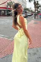 Load image into Gallery viewer, Yellow A Line Thick Straps Satin Maxi Wedding Guest Dress