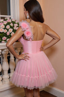 Load image into Gallery viewer, Floral Pink A Line One Shoulder Short Tulle Homecoming Dress