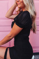 Load image into Gallery viewer, Simple Black Tight Ruched Mini Dress with Sleeves
