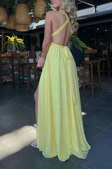 Yellow A Line Chiffon Pleated Deep V-Neck Long Prom Dress with Slit