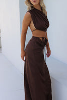 Load image into Gallery viewer, Brown Satin Sheath One Shoulder Ruched Long Wedding Guest Dress