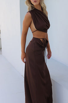 Brown Satin Sheath One Shoulder Ruched Long Wedding Guest Dress