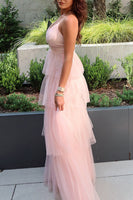 Load image into Gallery viewer, Blush Tulle A Line Tiered Halter Long Prom Dress with Ruffles