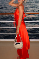 Load image into Gallery viewer, Red Satin Sheath Spaghetti Straps Long Wedding Guest Dress