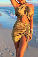 Load image into Gallery viewer, Gold Satin Halter Cut Out Ruched Mini Dress