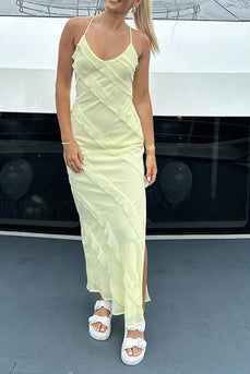 Yellow Sheath Halter Ruched Long Prom Dress with Ruffles