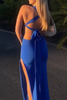 Load image into Gallery viewer, Royal Blue Satin Sheath Square Neck Long Wedding Guest Dress with Slit