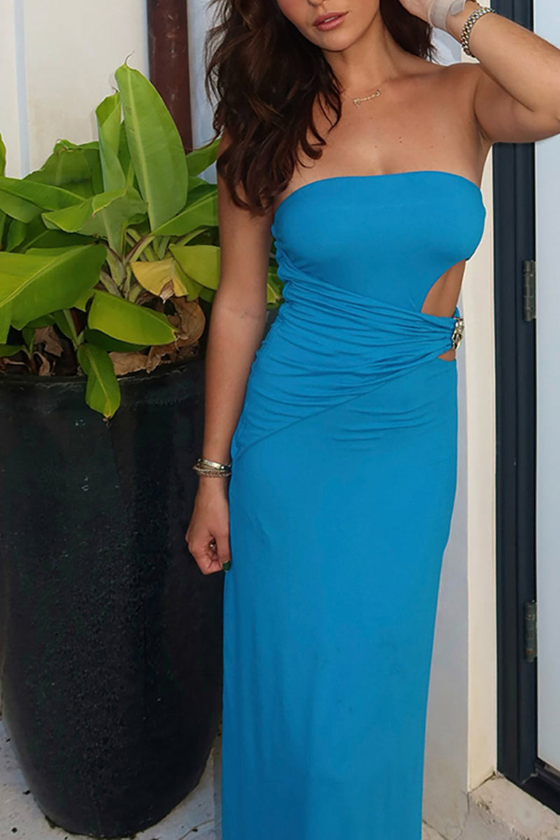 Load image into Gallery viewer, Sky Blue Satin Sheath Cut Out Strapless Long Prom Dress