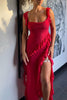 Load image into Gallery viewer, Red Chiffon Sheath Ruffled Long Prom Dress with Slit