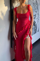 Load image into Gallery viewer, Red Chiffon Sheath Ruffled Long Prom Dress with Slit