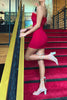 Load image into Gallery viewer, Red Bodycon Strapless Ruched Mini Dress with Feathers