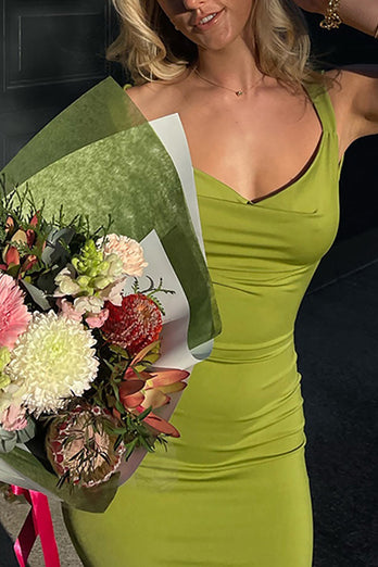 Simple Olive Satin Bodycon Thick Straps Prom Dress
