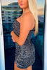 Load image into Gallery viewer, Sparkly Black Sequins One Shoulder Tight Short Dress with Sleeves
