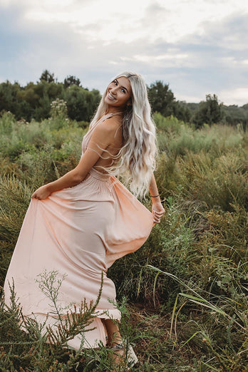 Light Pink Sheath Halter Maxi Wedding Guest Dress with Slit