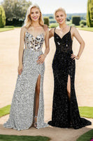 Load image into Gallery viewer, Sparkly Red Corset Long Mirror Prom Dress With Slit