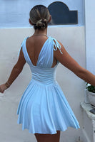 Load image into Gallery viewer, Light Blue A Line V-Neck Pleated Mini Dress