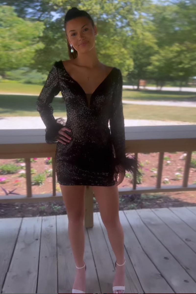 Load image into Gallery viewer, Sparkly Fuchsia Sequined Long Sleeves Homecoming Dress with Feathers