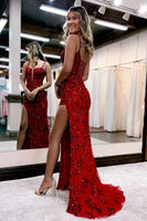 Load image into Gallery viewer, Sparkly Blue Sheath Sequins Long Prom Dress with Slit