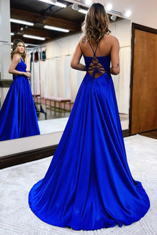 Royal Blue Satin A-Line Appliques Prom Dress with Slit