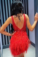Load image into Gallery viewer, Red V-Neck Sequined Bodycon Homecoming Dress with Feathers