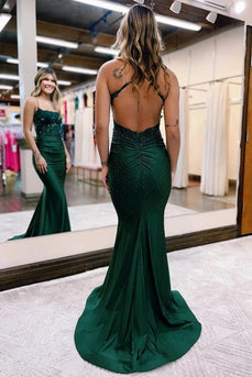 Dark Green Sparkly Backless Mermaid Long Prom Dress