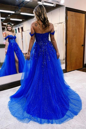 A Line Lilac Lace Strapless Long Corset Prom Dress With Slit