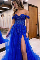 Load image into Gallery viewer, A Line Lilac Lace Strapless Long Corset Prom Dress With Slit