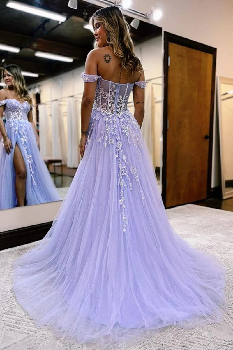 Load image into Gallery viewer, A Line Lilac Lace Strapless Long Corset Prom Dress With Slit