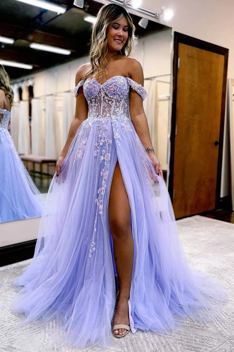 Load image into Gallery viewer, A Line Lilac Lace Strapless Long Corset Prom Dress With Slit