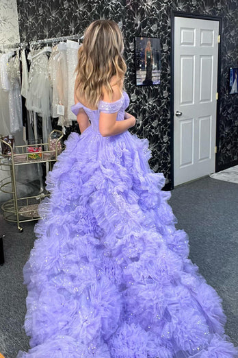 Princess A Line Off the Shoulder Pink Corset Prom Dress with Ruffles
