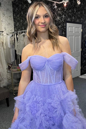 Princess A Line Off the Shoulder Pink Corset Prom Dress with Ruffles