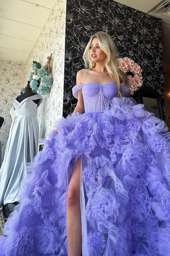 Princess A Line Off the Shoulder Pink Corset Prom Dress with Ruffles