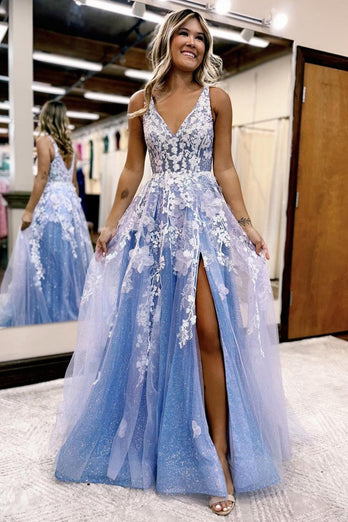 A Line Spaghetti Straps Light Blue Tulle Long Prom Dress With Slit