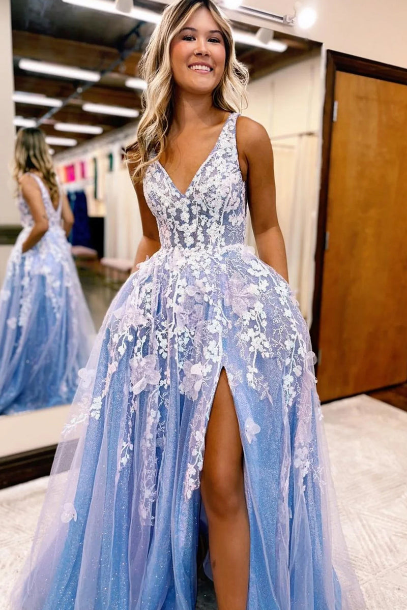 Load image into Gallery viewer, A Line Spaghetti Straps Light Blue Tulle Long Prom Dress With Slit