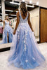 Load image into Gallery viewer, A Line Spaghetti Straps Light Blue Tulle Long Prom Dress With Slit