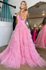 Load image into Gallery viewer, Pink A-Line Deep V Neck Tiered Long Prom Dress With Slit