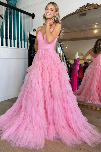 Pink A-Line Deep V Neck Tiered Long Prom Dress With Slit