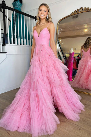 Pink A-Line Deep V Neck Tiered Long Prom Dress With Slit