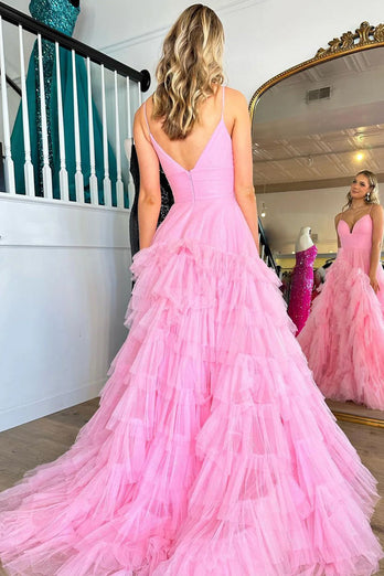 Pink A-Line Deep V Neck Tiered Long Prom Dress With Slit