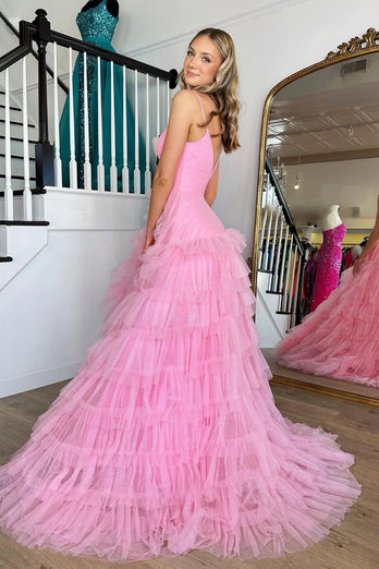 Pink A-Line Deep V Neck Tiered Long Prom Dress With Slit