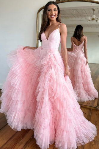 Pink A-Line Deep V Neck Tiered Long Prom Dress With Slit