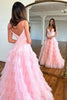 Load image into Gallery viewer, Pink A-Line Deep V Neck Tiered Long Prom Dress With Slit