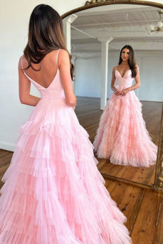 Pink A-Line Deep V Neck Tiered Long Prom Dress With Slit