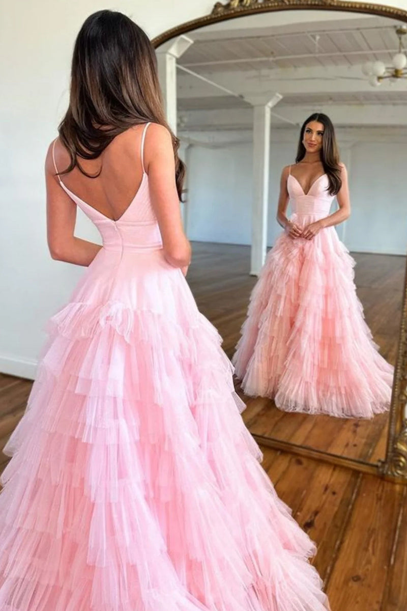 Load image into Gallery viewer, Pink A-Line Deep V Neck Tiered Long Prom Dress With Slit