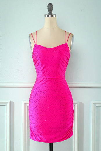 Rose Pink Lace Up Spaghetti Straps Short Homecoming Dress Pink Party Dress