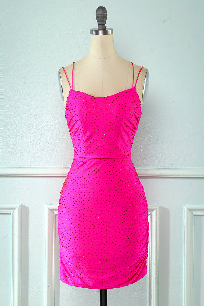 Load image into Gallery viewer, Rose Pink Lace Up Spaghetti Straps Short Homecoming Dress Pink Party Dress