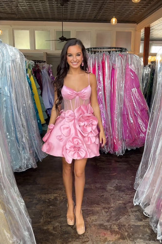 A-Line Pink Spaghetti Straps Corset Homecoming Dress with 3D Flowers