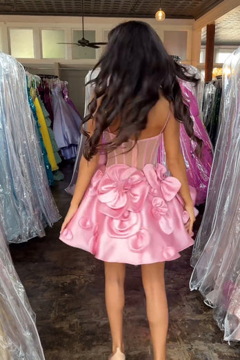 A-Line Pink Spaghetti Straps Corset Homecoming Dress with 3D Flowers