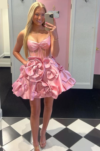 Yellow A-Line Spaghetti Straps Corset Homecoming Dress with 3D Flowers
